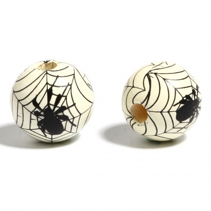 Picture of Wood Spacer Beads Round Beige & Black Halloween Spider About 16mm Dia., Hole: Approx 4.5mm - 3.6mm, 20 PCs
