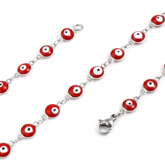 Picture of Stainless Steel Religious Necklace Round Evil Eye Silver Tone White & Red Enamel 50cm(19 5/8") long, 1 Piece