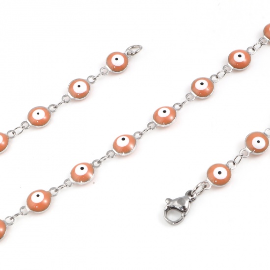 Picture of Stainless Steel Religious Necklace Round Evil Eye Silver Tone Orange Pink Enamel 50cm(19 5/8") long, 1 Piece