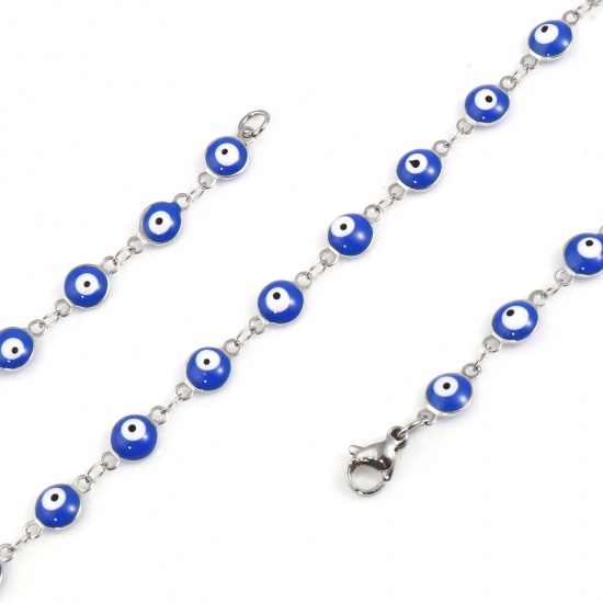 Picture of Stainless Steel Religious Necklace Round Evil Eye Silver Tone White & Blue Enamel 50cm(19 5/8") long, 1 Piece