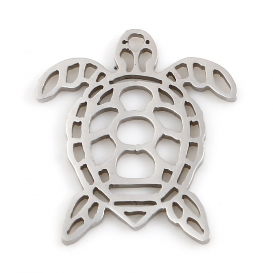 Picture of Stainless Steel Ocean Jewelry Charms Sea Turtle Animal Silver Tone Hollow 15mm x 14mm, 5 PCs