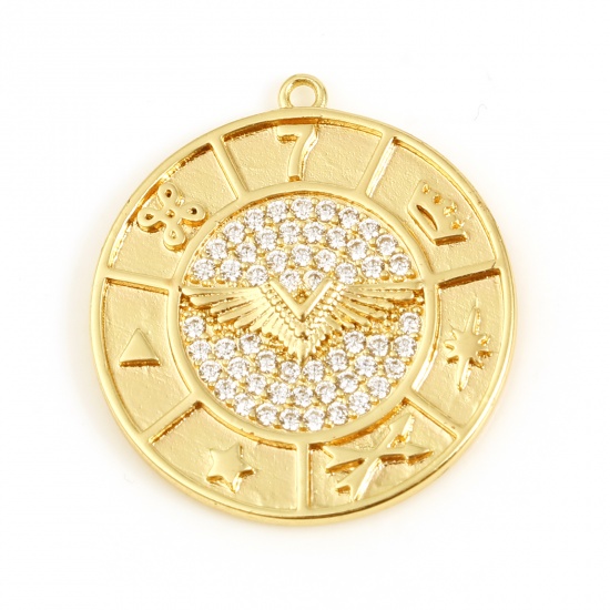 Picture of Copper Micro Pave Charms Round 18K Real Gold Plated Wing Clear Rhinestone 25mm x 23mm, 1 Piece