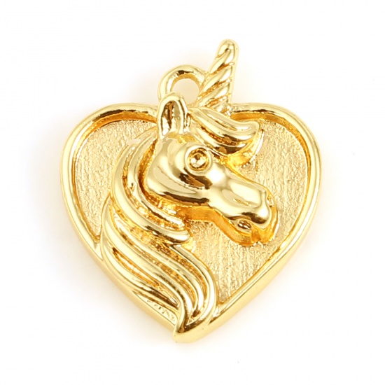 Picture of Copper Valentine's Day Charms Heart 18K Real Gold Plated Horse 13mm x 11mm, 1 Piece
