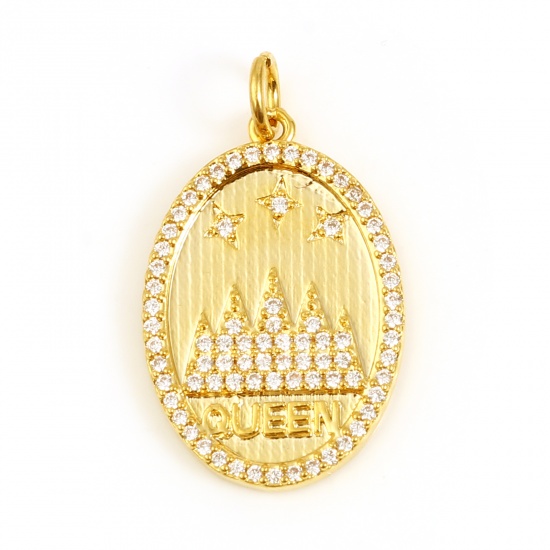 Picture of Copper Micro Pave Charms Oval 18K Real Gold Plated Mountain Message " Queen " Clear Rhinestone 25mm x 15mm, 1 Piece