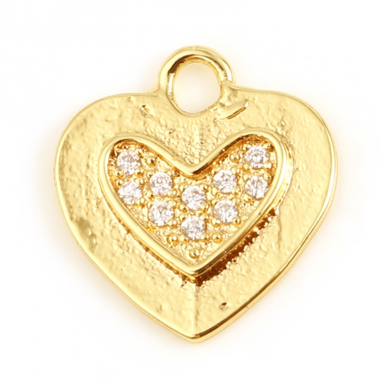Picture of Copper Valentine's Day Charms Heart 18K Real Gold Plated Micro Pave Clear Rhinestone 13mm x 12mm, 1 Piece