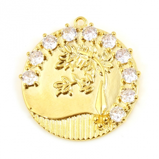 Picture of Copper Charms Round 18K Real Gold Plated Tree Clear Rhinestone 25mm x 24mm, 1 Piece