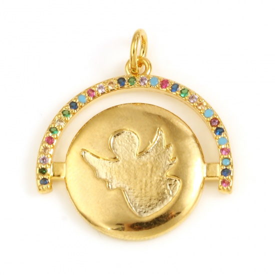 Picture of Copper Religious Charms Half Round 18K Real Gold Plated Angel Multicolor Rhinestone 25mm x 23mm, 1 Piece