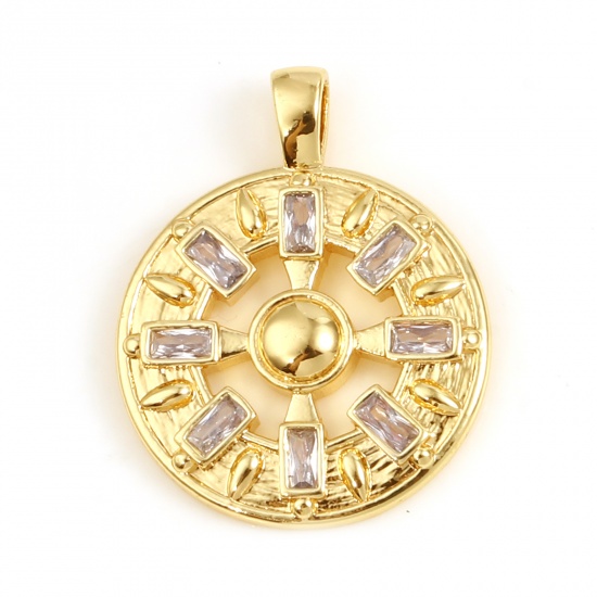 Picture of Copper Religious Charms Round 18K Real Gold Plated Cross Clear Cubic Zirconia 22mm x 17mm, 1 Piece