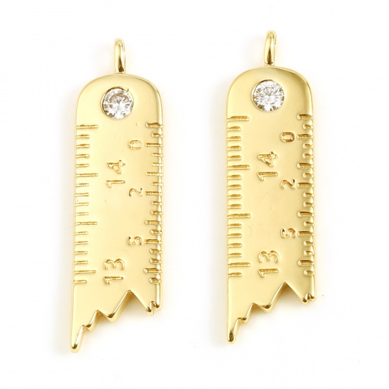 Picture of Copper College Jewelry Charms Ruler 18K Real Gold Plated Clear Rhinestone 29mm x 8mm, 1 Piece