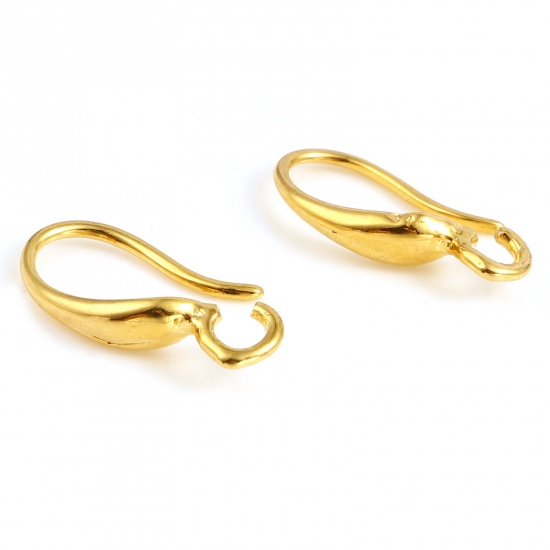 Picture of Copper Ear Wire Hooks Earring 18K Real Gold Plated U-shaped W/ Loop 14mm x 7mm, Post/ Wire Size: (20 gauge), 6 PCs