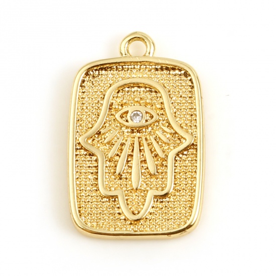 Picture of Copper Religious Charms Rectangle 18K Real Gold Plated Hamsa Symbol Hand Clear Rhinestone 16mm x 11mm, 1 Piece