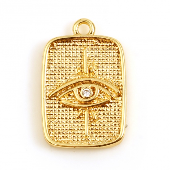 Picture of Copper Religious Charms Rectangle 18K Real Gold Plated Evil Eye Clear Rhinestone 16mm x 11mm, 1 Piece