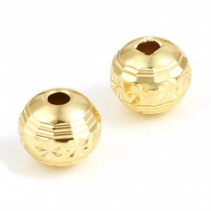 Picture of Copper Beads 18K Real Gold Plated Round Snowflake About 8mm Dia, Hole: Approx 2.1mm, 5 PCs