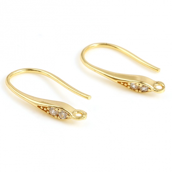 Picture of Copper Ear Wire Hooks Earring 18K Real Gold Plated U-shaped W/ Loop Clear Rhinestone 17mm x 11mm, Post/ Wire Size: (21 gauge), 2 PCs