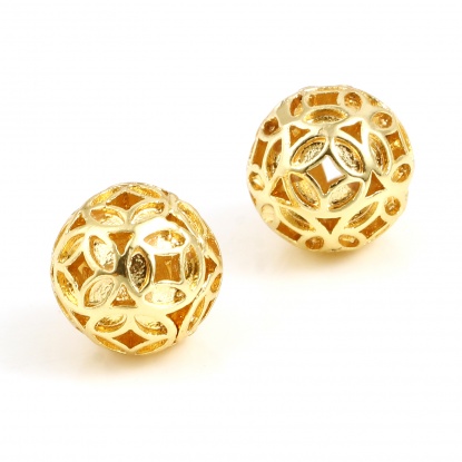 Picture of Copper Beads 18K Real Gold Plated Round Money Sign About 10mm Dia, Hole: Approx 1.3mm, 5 PCs