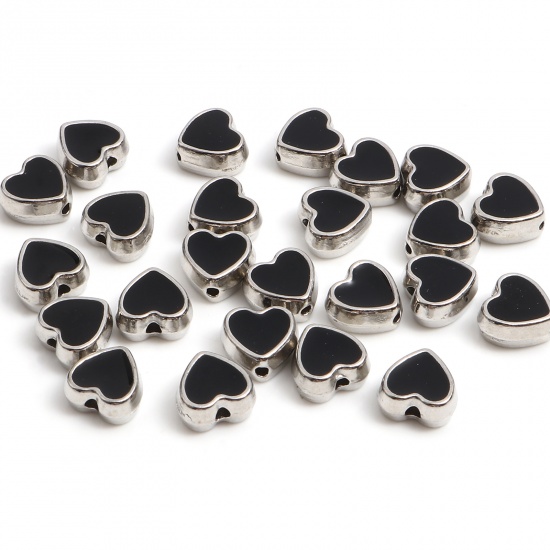 Picture of Zinc Based Alloy Valentine's Day Spacer Beads Heart Silver Tone Black Enamel About 8.5mm x 8mm, Hole: Approx 1.3mm, 20 PCs