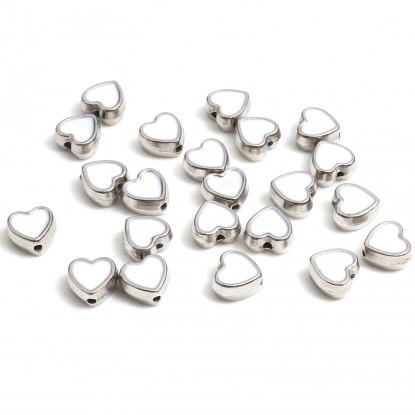 Bild von Zinklegierung Valentinstag Zwischenperlen Spacer Perlen Herz Silberfarbe Weiß Emaille ca. 8.5mm x 8mm, Loch:ca. 1.3mm, 20 Stück