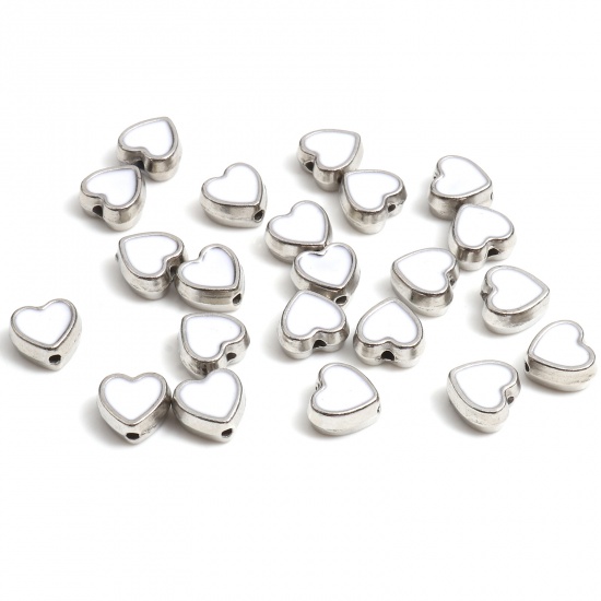 Picture of Zinc Based Alloy Valentine's Day Spacer Beads Heart Silver Tone White Enamel About 8.5mm x 8mm, Hole: Approx 1.3mm, 20 PCs