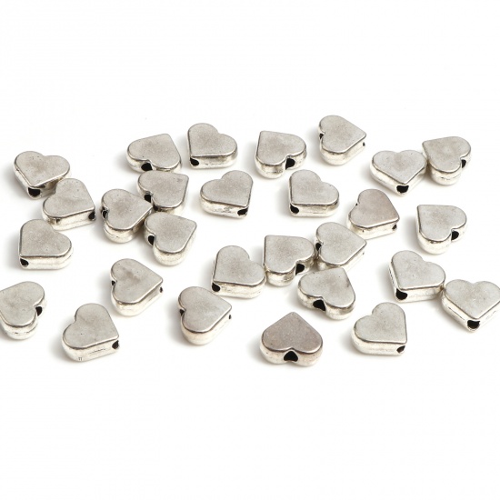 Picture of Zinc Based Alloy Valentine's Day Spacer Beads Heart Silver Tone About 8mm x 7mm, Hole: Approx 1.6mm, 20 PCs