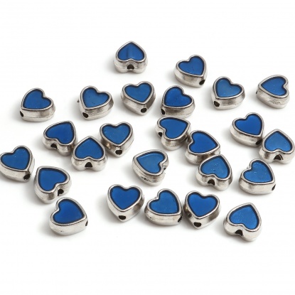 Bild von Zinklegierung Valentinstag Zwischenperlen Spacer Perlen Herz Silberfarbe Blau Emaille ca. 8.5mm x 8mm, Loch:ca. 1.3mm, 20 Stück