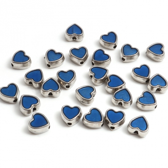 Picture of Zinc Based Alloy Valentine's Day Spacer Beads Heart Silver Tone Blue Enamel About 8.5mm x 8mm, Hole: Approx 1.3mm, 20 PCs