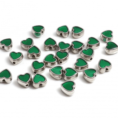 Bild von Zinklegierung Valentinstag Zwischenperlen Spacer Perlen Herz Silberfarbe Grün Emaille ca. 8.5mm x 8mm, Loch:ca. 1.3mm, 20 Stück