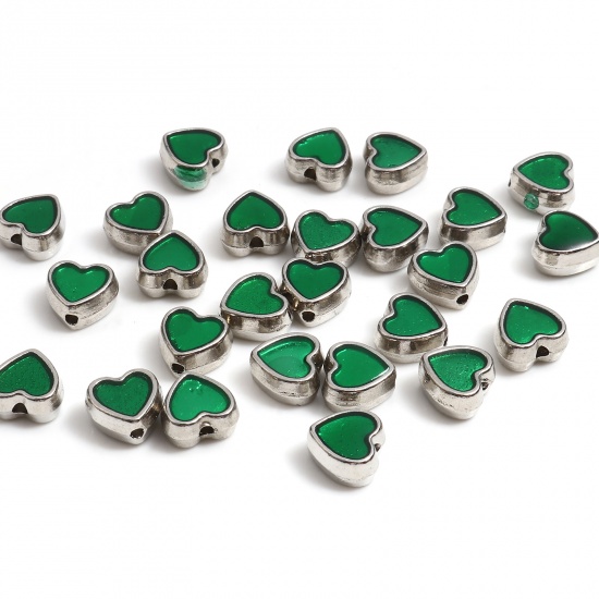 Picture of Zinc Based Alloy Valentine's Day Spacer Beads Heart Silver Tone Green Enamel About 8.5mm x 8mm, Hole: Approx 1.3mm, 20 PCs