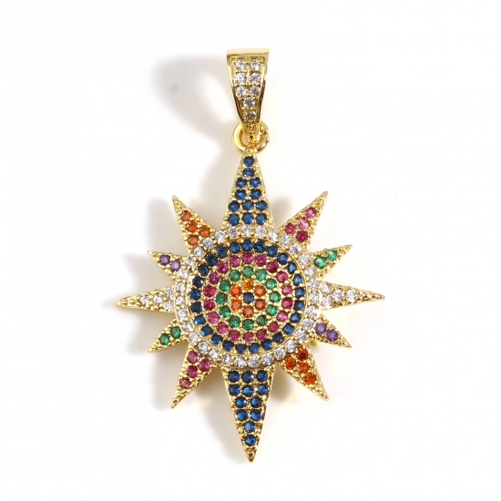 Immagine di Rame Galassia Ciondoli Oro Placcato Sole Micro Spianare Multicolore Cubic Zirconiae 40mm x 25mm, 1 Pz