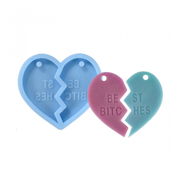 Picture of Silicone Resin Mold For Jewelry Making Pet Dog Tag Keychain Broken Heart Blue 6.8cm x 6.2cm, 1 Piece