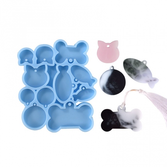 Picture of Silicone Resin Mold For Jewelry Making Pet Dog Tag Keychain Cat Animal Fish Bone Blue 11.5cm x 9cm, 1 Piece