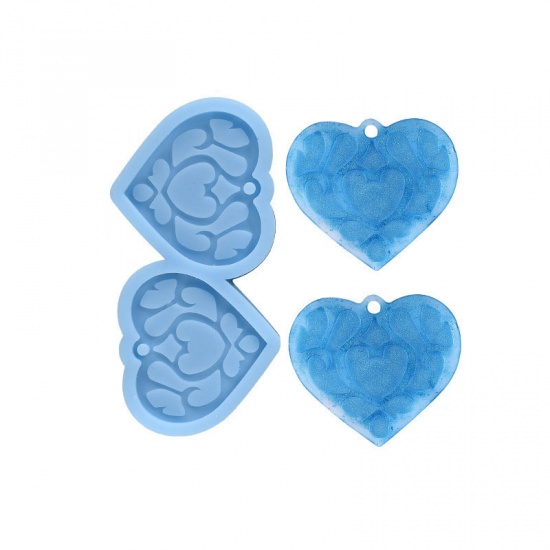 Picture of Silicone Resin Mold For Jewelry Making Pet Dog Tag Keychain Heart Blue 8.9cm x 4.4cm, 1 Piece