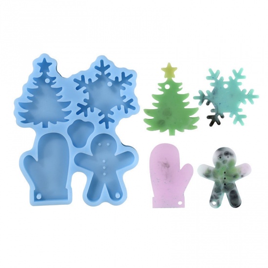 Picture of Silicone Resin Mold For Jewelry Making Pet Dog Tag Keychain Christmas Tree Snowflake Blue 10.6cm x 8.8cm, 1 Piece