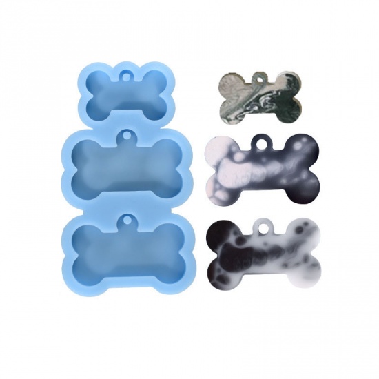 Picture of Silicone Resin Mold For Jewelry Making Pet Dog Tag Keychain Bone Blue 11.4cm x 6.5cm, 1 Piece
