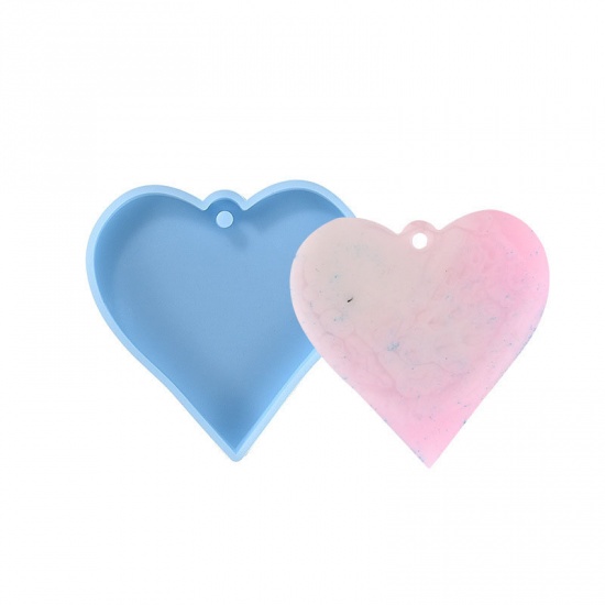 Picture of Silicone Resin Mold For Jewelry Making Pet Dog Tag Keychain Heart Blue 7.2cm x 7.2cm, 1 Piece