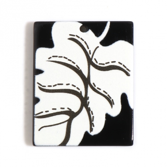 Immagine di Resina Ciondoli Rettangolo Nero & Bianco Foglia 32mm x 26mm, 10 Pz