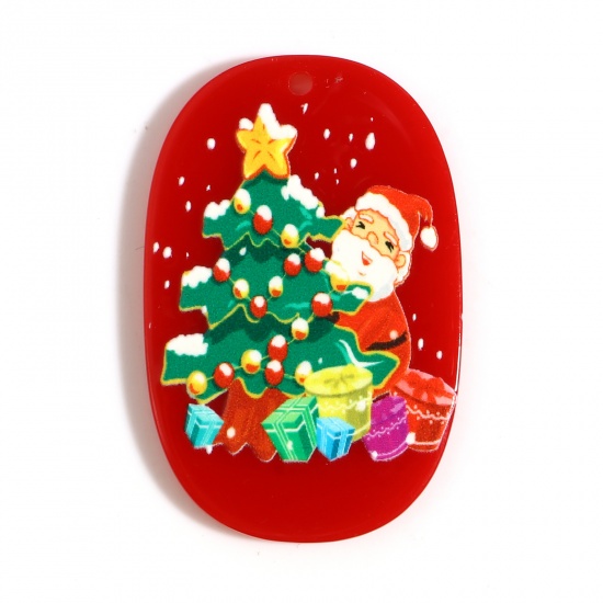 樹脂 ペンダント 楕円形 レッド + 緑 クリスマス?サンタクロース 41mm x 27mm、 10 個 の画像