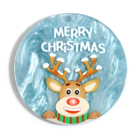 樹脂 ペンダント 円形 青 & ブラウン 鹿 文字“ Merry Christmas ” 40mm直径 10 個 の画像