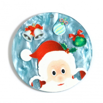 樹脂 ペンダント 円形 赤+青 クリスマス?サンタクロース 40mm直径 10 個 の画像