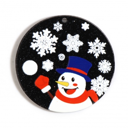 樹脂 ペンダント 円形 黒 + 白 クリスマス雪だるま 40mm直径 10 個 の画像