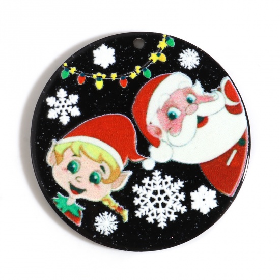 樹脂 ペンダント 円形 黒+赤 クリスマス?サンタクロース 40mm直径 10 個 の画像