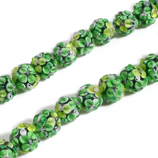 Bild von Muranoglas Perlen Rund Grün Blumen ca 13mm D., Loch:ca. 2.1mm, 2 Stück