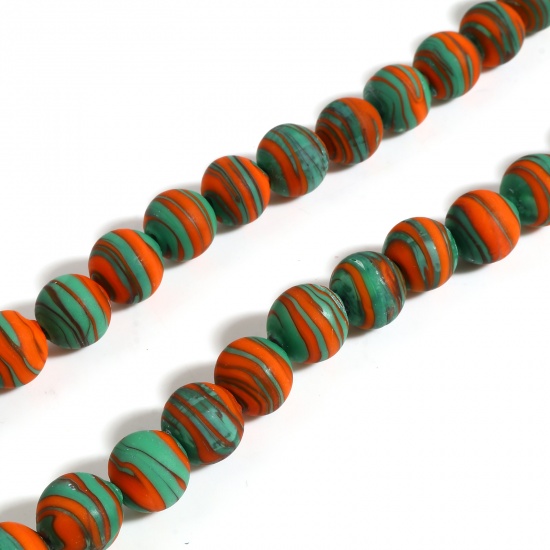 Bild von Muranoglas Perlen Rund Grün & Orange Streifen ca 12mm D., Loch:ca. 2mm, 10 Stück
