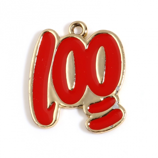 Picture of Zinc Based Alloy College Jewelry Charms Gold Plated Red Message " 100 " Enamel 25mm x 21mm, 10 PCs