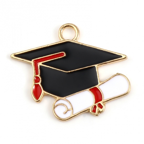 Picture of Zinc Based Alloy College Jewelry Charms Diploma Gold Plated Black & White Trencher Cap Enamel 28mm x 23mm, 10 PCs
