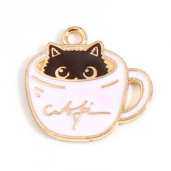 Picture of Zinc Based Alloy Charms Cup Gold Plated Black & White Cat Enamel 20mm x 19mm, 10 PCs