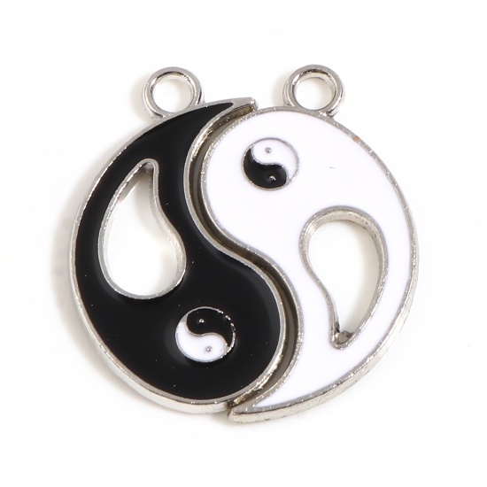 Immagine di Lega di Zinco Religione Charms Otto Diagrammi Tono Argento Nero & Bianco Ameba Smalto 28mm x 18mm , 10 Seri ( 2 Pz/Serie)