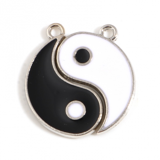 Immagine di Lega di Zinco Religione Charms Otto Diagrammi Tono Argento Nero & Bianco Ameba Smalto 22mm x 14mm , 10 Seri ( 2 Pz/Serie)