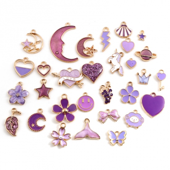 Picture of Zinc Based Alloy Pendants Star Gold Plated Purple Flower Enamel 32mm x 20mm - 8mm x 7mm, 1 Packet ( 30 PCs/Packet)