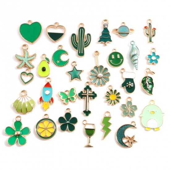 Picture of Zinc Based Alloy Charms Heart Gold Plated Green Leaf Enamel 26mm x 15mm - 13mm x 10mm, 1 Packet ( 30 PCs/Packet)