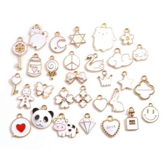 Picture of Zinc Based Alloy Charms Rabbit Animal Gold Plated White Star Enamel 22mm x 17mm - 12mm x 11mm, 1 Packet ( 30 PCs/Packet)